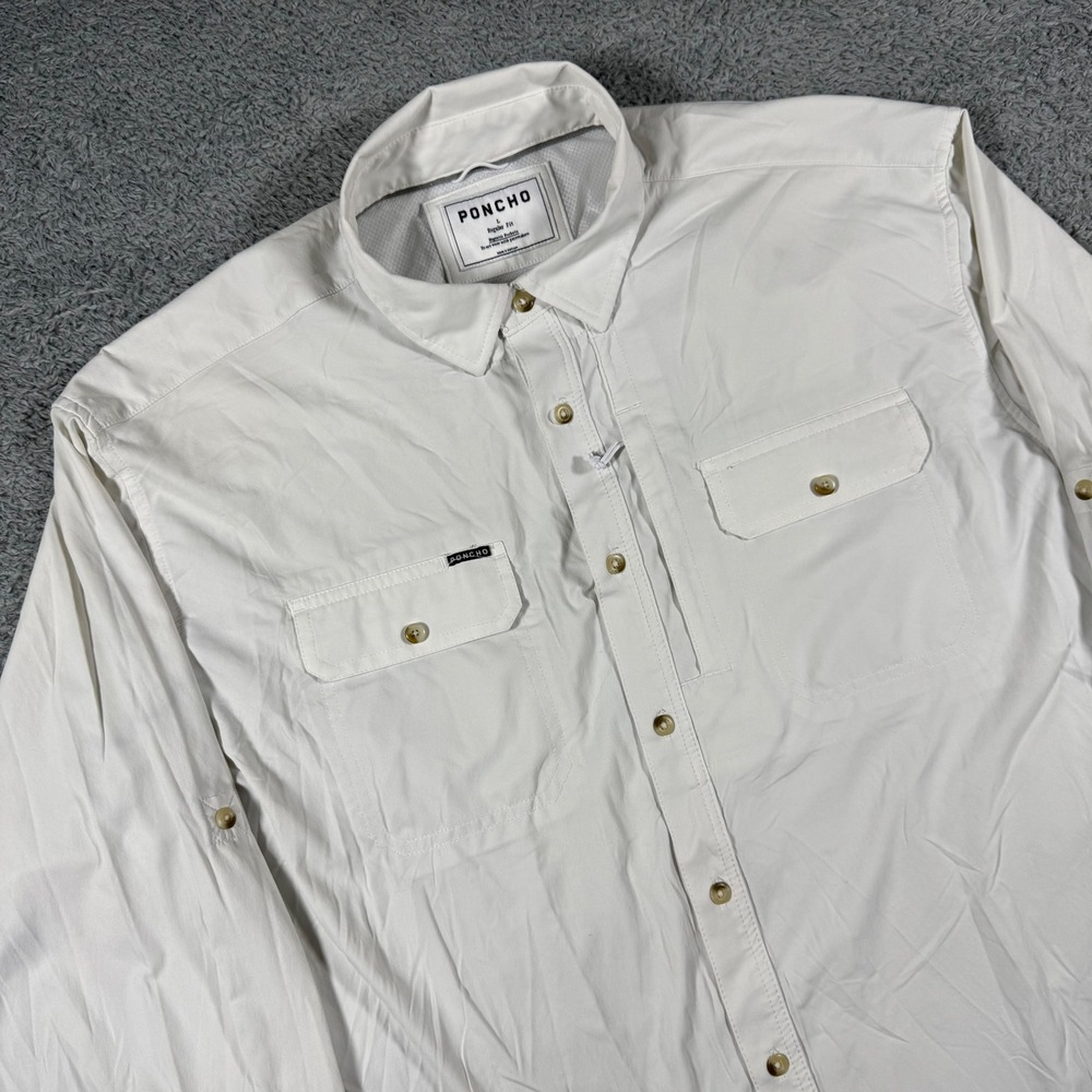 Poncho Outdoors Fishing Shirt Mens Large White Magnetic Pockets Long Sleeve